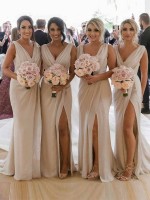 Cheap Chiffon Long Champagne Evening Dress with Sexy High Slit and Front Ruffles