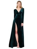 Cheap Deep V-Neck Long Sleeves Velvet Bridesmaid Dress with High Side Split