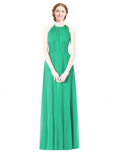 Cheap Halter Neckline Long Chiffon Bridesmaid Dress with Side Bow