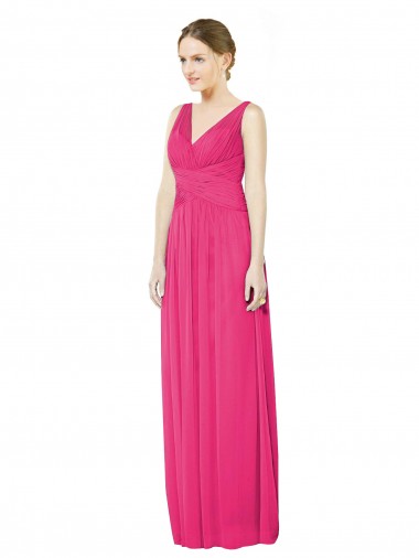 Cheap Sleeveless V-Neck Long Chiffon Bridesmaid Dress with V-Back