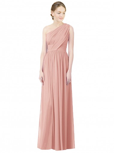 Cheap One Shoulder Long Chiffon Bridesmaid Dress with Shirred Waistband