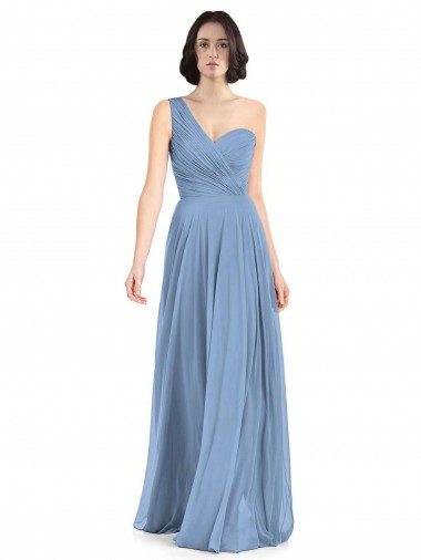 Cheap One Shoulder Long Chiffon Bridesmaid Dress with Sweetheart Bodice