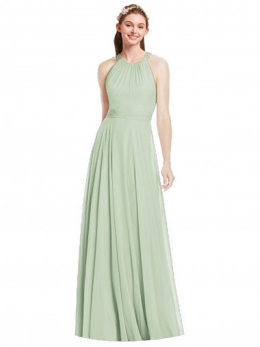 Cheap Open Back Halter Chiffon Bridesmaid Dress with Flowy Bow