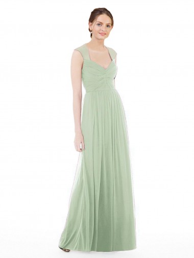 Cheap Sheer Back Cap Sleeves Long Chiffon Bridesmaid Dress 