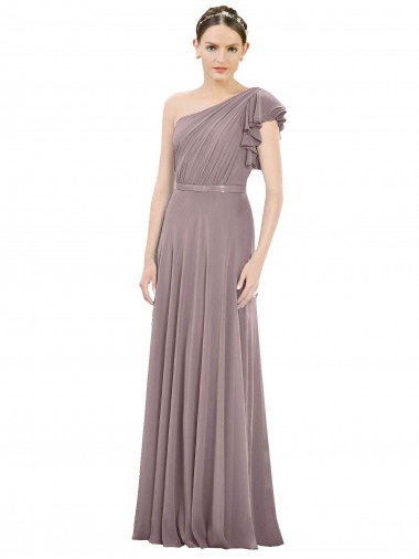 Cheap Full Length One Shoulder Chiffon Bridesmaid Dress with Shoulder Ruffle