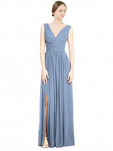 Cheap Sleeveless Draped Chiffon Maxi Bridesmaid Dress with Front Slit