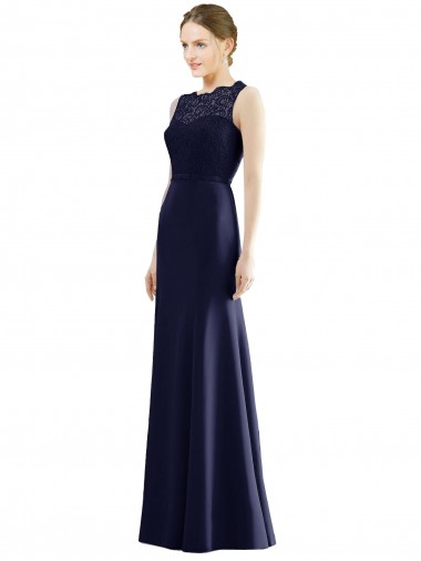 Cheap Lace Bodice Open Back Trumpet Chiffon Bridesmaid Dress with Bow Belt