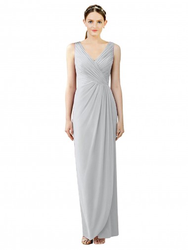 Cheap Draped Sleeveless Long Chiffon V-Neck Bridesmaid Dress