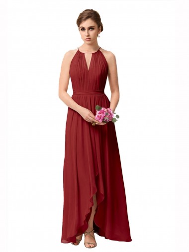 Cheap High Low Long Halter Keyhole Chiffon Bridesmaid Dress