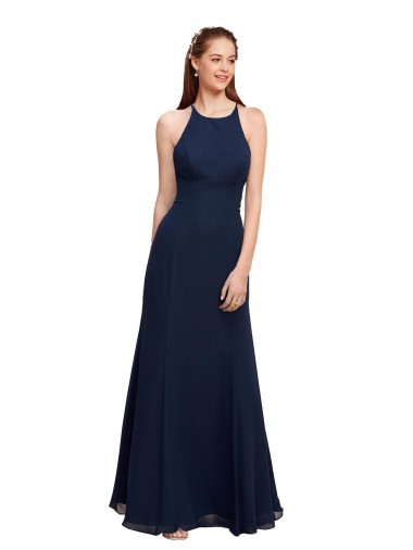 Cheap High Halter Fit and Flare Long Chiffon Bridesmaid Dress with Criss Cross Low Back
