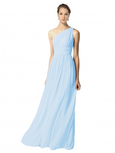Cheap One Shoulder Long Chiffon Bridesmaid Dress with Shirred Bodice and Front Keyhole