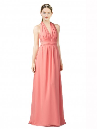 Cheap Shirred Bodice Full Length Long Chiffon Bridesmaid Dress