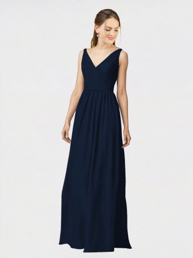 Cheap Long Chiffon Bridesmaid Dress with Shirred Bodice and V-Neckline