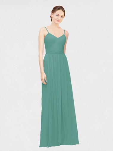 Cheap Rouched V-Neckline and Spaghetti Straps Long Chiffon Bridesmaid Dress