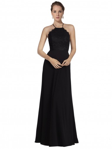 Cheap Lace Halter Neckline Chiffon A-Line Bridesmaid Dress with Sheer Back