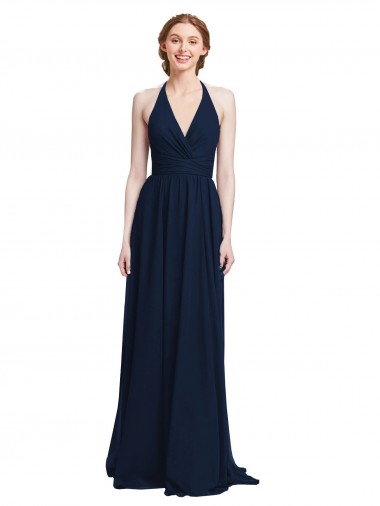Cheap Halter Chiffon Bridesmaid Dress with V-Neckline and Criss Cross Waist