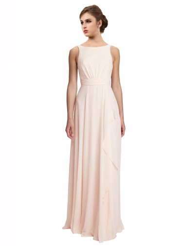 Cheap High Neck Chiffon Bridesmaid Dress with Deep V-Back and Cascading Skirt