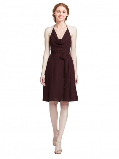 Cheap Short Knee Length Chiffon Bridesmaids Dress with Halter Cowl Neck