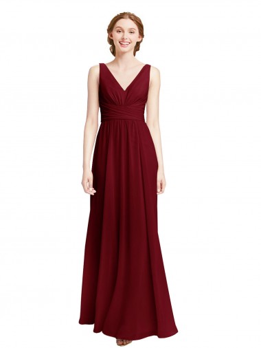 Cheap Long Chiffon V-Neck Bridesmaids Dress with Double Strap