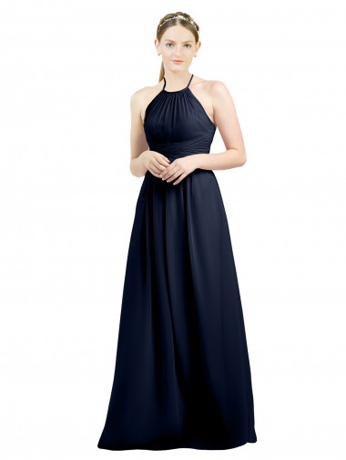 Cheap Halter High Neck Long Chiffon Bridesmaid Dress with Open Back