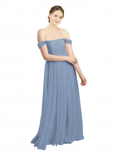 Cheap Long Floor Length Chiffon Bridesmaid Dress with Fluttering Off the Shoulder Straps