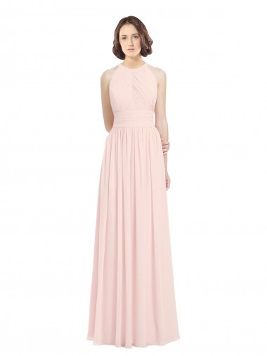 Cheap Sleeveless Chiffon High Neck Bridesmaid Dress with Diagonal Pleats
