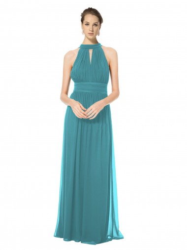 Cheap Ruched Long Chiffon Halter Bridesmaid Dress with Tie Back and Tails