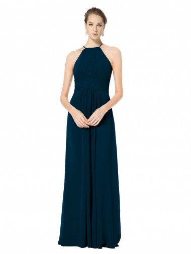 Cheap Spaghetti Strap Long Chiffon Halter A-Line Bridesmaid Dress