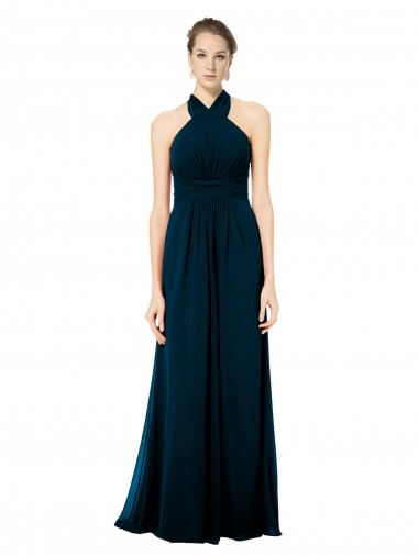 Cheap Keyhole Back Long Chiffon Halter Dress with Halter Straps Cross Neck