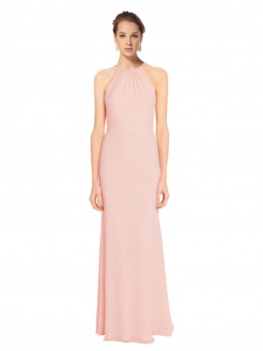 Cheap High Neck Long Chiffon Halter Bridesmaid Dress with Drape Chiffon Overlay