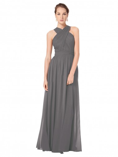 Cheap Long Chiffon Halter Bridesmaid Dress Keyhole Back