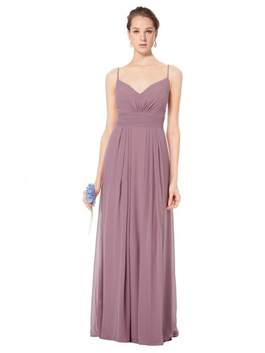 Cheap V-Neck Spaghetti Strap Open Back Long Chiffon Bridesmaid Dress