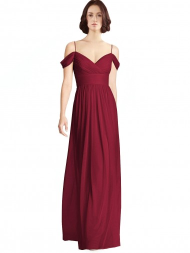 Cheap Off the Shoulder Long Chiffon Bridesmaid Dress with Pleated Sleeves