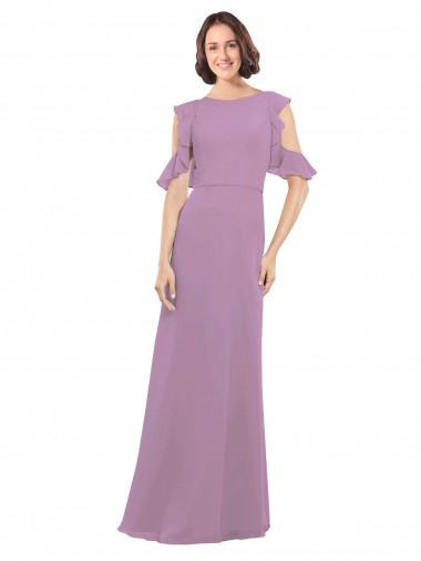 Cheap Long Chiffon Bridesmaids Dress with Flounced Sleeve Detail and Criss Cross Back