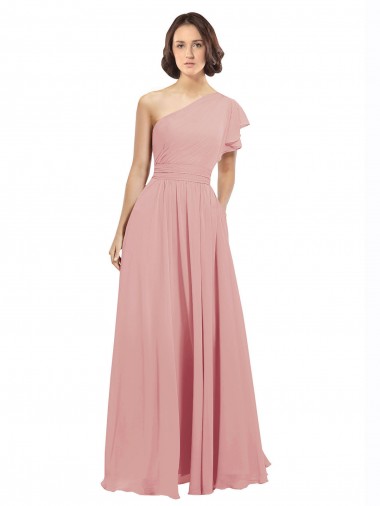 Cheap Chiffon Bridesmaids Dress with One Shoulder Flounced Sleeve