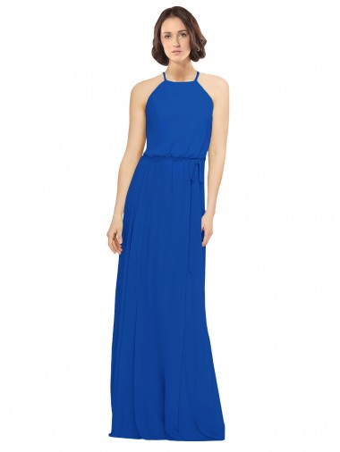 Cheap Long Jewel Neckline Chiffon Bridesmaids Dress wit Chiffon Tie Sash