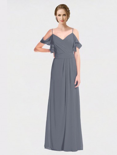 Cheap Long Chiffon Spaghetti Strap V-Neck Bridesmaid Dress with Off-The-Shoulder Flutter Sleeves