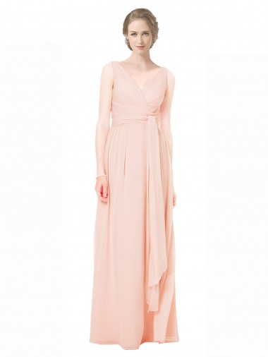 Cheap Full Length Chiffon Bridesmaid Dress with V-Front and Back