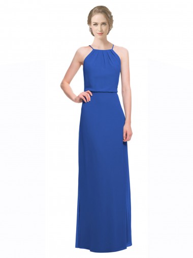 Cheap Long Chiffon Spaghetti Strap Bridesmaid Dress with Blouson Top