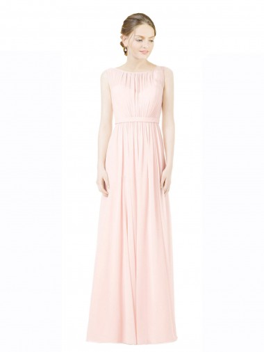 Cheap Long Chiffon Sleeveless Bridesmaid Dress with Sheer Illusion Top and V-Back