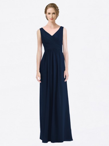 Cheap Long Chiffon V-Neck Sleeveless Bridesmaid Dress with Criss-Cross Pleated Bodice