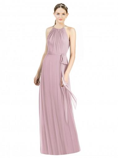 Cheap Shirred Halter Neck Long Chiffon Bridesmaid Dress