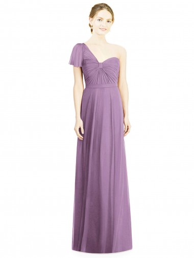 Cheap Flutter Sleeves One Shoulder Long Chiffon Bridesmaid Dress