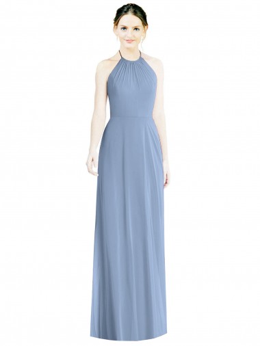 Cheap Halter Neck Tie Back Long Chiffon Bridesmaid Dress