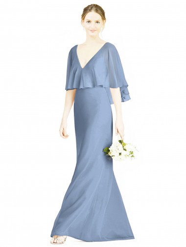 Cheap V-Back Trumpet Chiffon Bridesmaid Dress with Draped Cape Overlay