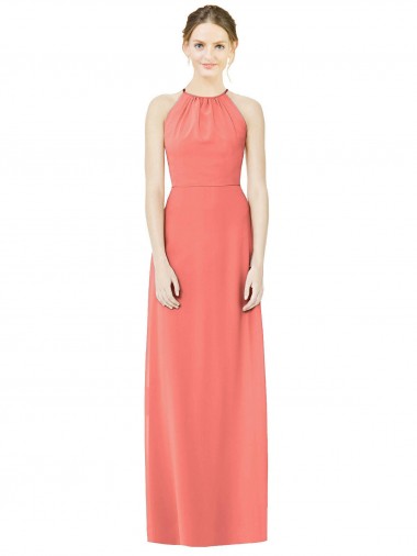 Cheap Open Back Shirred Halter Chiffon Bridesmaid Dress