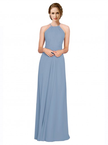 Cheap Pleated Halter Neckline A-Line Chiffon Bridesmaid with Criss Cross Back