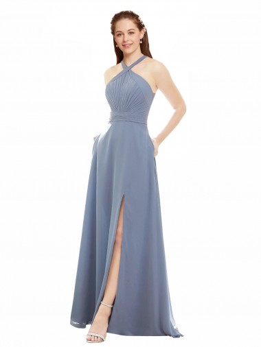 Cheap High Neck Chiffon Bridesmaid Dress with Draped Bodice