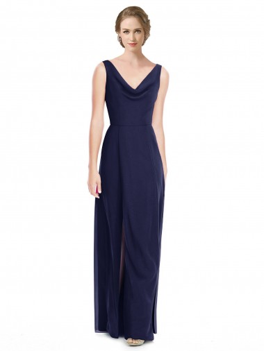 Cheap Cowl Neck Deep V-Back Chiffon Bridesmaid Dress with Side Front Slits