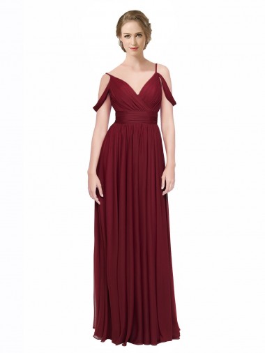 Cheap Off the Shoulder V-Neck Petite Chiffon Bridesmaid Dress with Open Back